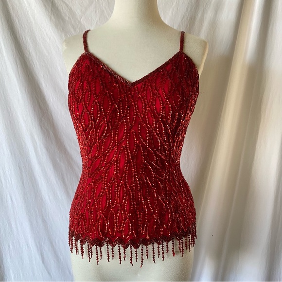 Vintage Sequin Two Piece Silk Pant Set Red - Picture 2 of 10